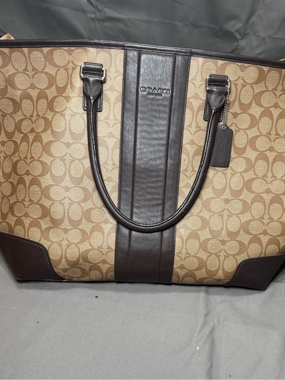 Coach Tan Signature Canvas Tote with Dark Brown Leather Trim